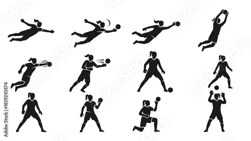 Dynamic female handball players in action silhouettes