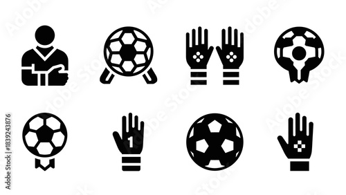 Simple sports icons featuring soccer balls and gloves in bold black silhouette style
