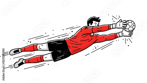 Dynamic soccer goalkeeper making a dive to save the ball in a comic style illustration