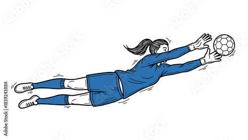 Female soccer goalkeeper diving to catch ball in dynamic sketch style