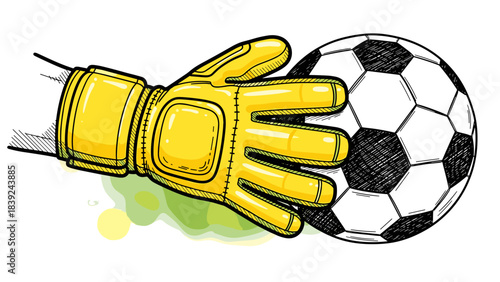 Hand drawn soccer glove catching ball with dynamic motion effect