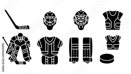 Hockey gear silhouette set: sticks, helmets, pads, and jerseys