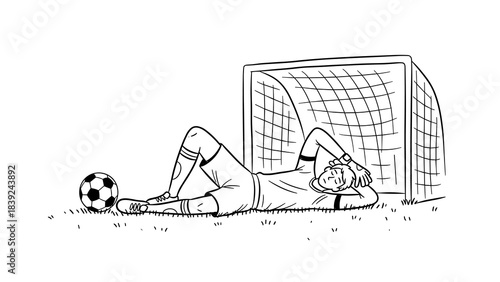 Soccer player resting by goalpost in black and white line art for sports design
