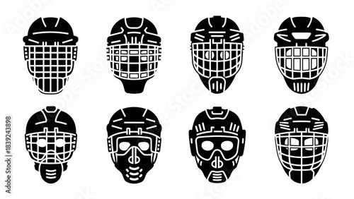 Silhouette collection of ice hockey masks in black and white