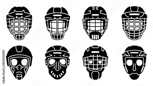 Collection of eight black hockey masks in silhouette style