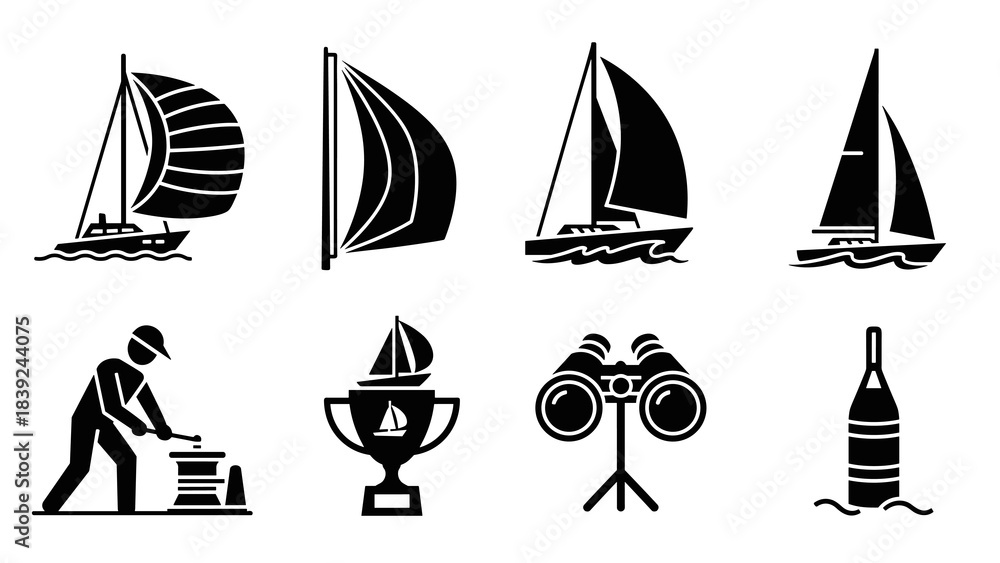 Fototapeta premium Nautical silhouette icons: sailing boats, trophy, sailor, binoculars, buoy