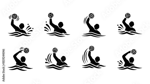 Water polo player silhouettes in action: set of eight dynamic poses
