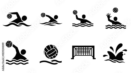 Water polo icons set: black silhouette symbols for sport design