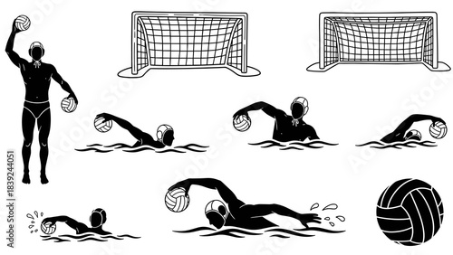 Water polo game elements set featuring players, goals, and ball in black silhouette style