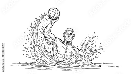 Water polo player in action with dramatic waves and dynamic pose