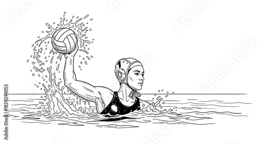 Dynamic water polo player in action: artistic black and white sketch