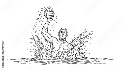 Dynamic water polo player splashing in action - black and white linear art