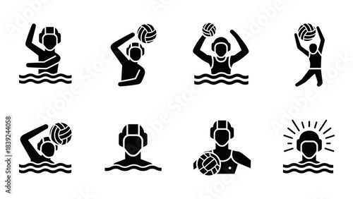 Water polo icon set: monochrome silhouette designs with athletes in action
