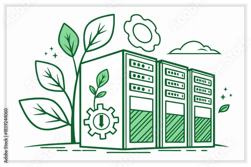 Modern Data Center Illustration Secure Cloud Server, Network Rack and Digital Infrastructure