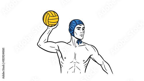 Water polo player with ball in action pose in minimalist line art style