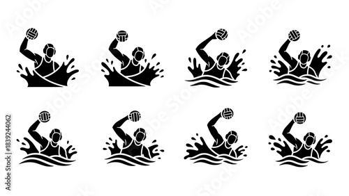 Water polo athlete icons: silhouette designs with splash effects for sport logos and graphics