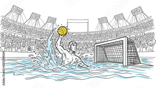 Dynamic water polo match in illustrated stadium setting