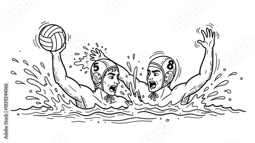 Dynamic water polo match: intense action in black and white line art