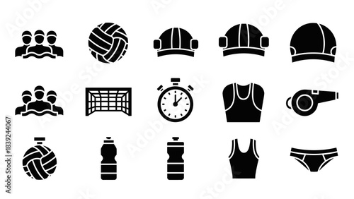 Water polo icons set featuring balls, helmets, and team gear in bold silhouette style
