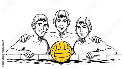 Team spirit in water polo: three players smiling with ball in hand drawn style