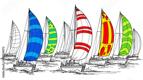 Colorful sailing boats racing with patterned sails in dynamic hand-drawn style at sea
