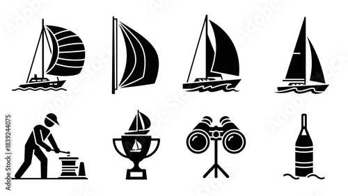 Nautical silhouette icons: sailing boats, trophy, sailor, binoculars, buoy