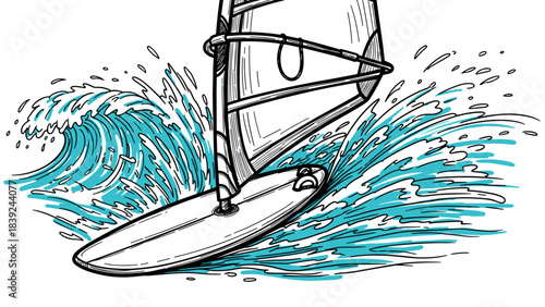 Dynamic windsurfing adventure: hand-drawn style with ocean waves and motion