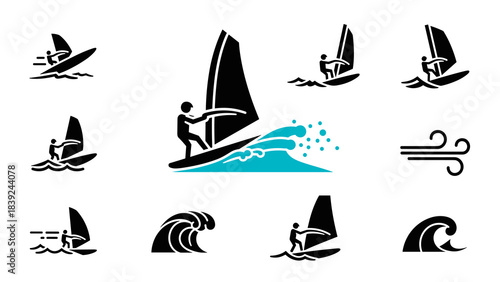 Windsurfing icons: dynamic silhouette set with ocean waves and wind elements