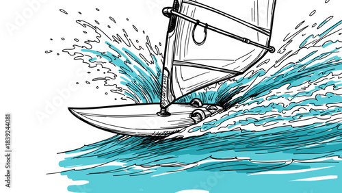 Dynamic sketch of sailing boat with splashing waves in motion