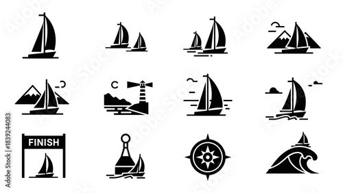 Sailing adventure icons: nautical silhouettes with boats, waves, and lighthouses