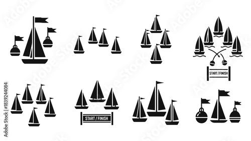 Sailing boats and race icons set in silhouette style