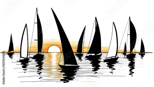 Sailing boats silhouette at sunset over calm sea with vibrant orange sky