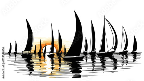 Minimalist silhouette sailboats at sunset with reflective water