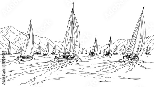 Scenic ink drawing of multiple sailboats on a mountain lake