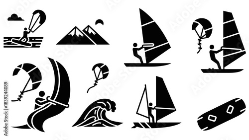 Silhouette of windsurfing and kitesurfing: adventure on waves and mountains