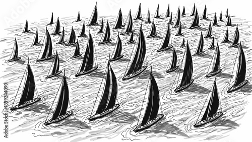 Fleet of sailboats racing on the open sea with sketched waves and black sails