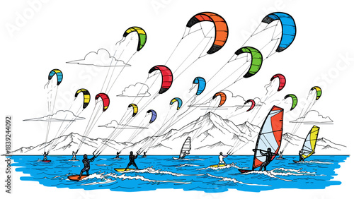 Colorful kiteboarding scene with paragliders and mountains in dynamic sketch style