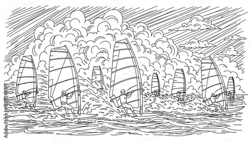 Line art adventure: windsurfers navigating ocean waves with stormy clouds