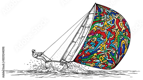 Colorful sailboat with vibrant geometric patterns on sails in motion at sea
