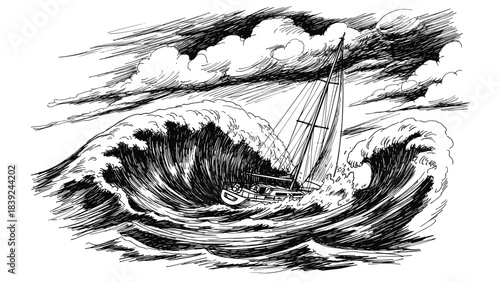 Dramatic ink drawing of sailboat battling large ocean waves near storm clouds