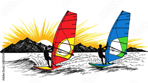 Vibrant windsurfing adventure at sunset with dynamic colors and bold silhouettes