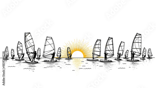 Windsurfers and sunrise: coastal line art captures the spirit of adventure