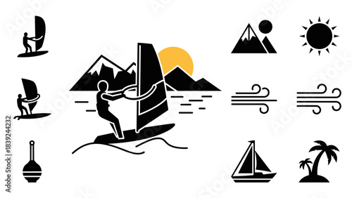 Minimalist windsurfing adventure with mountains and sun design elements