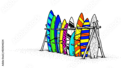 Colorful surfboards in a line drawing style resting on a beach stand