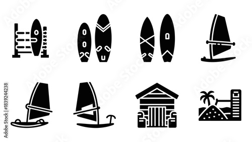Surfboard and windsurfing icons in flat black silhouette style with beach elements