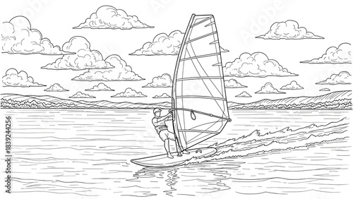 Line art of windsurfing on a lake with clouds and mountains in the background