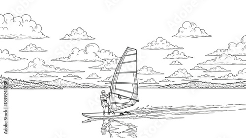 Windsurfing adventure on a serene lake under cloudy skies in linear style