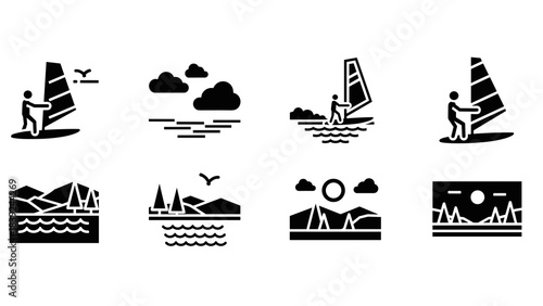 Minimalist sailing icon set: adventure on water with sea and mountains