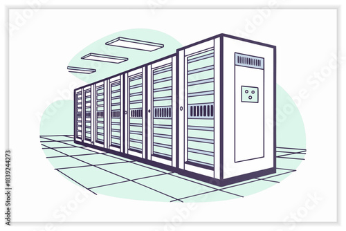 Modern Data Center Illustration Secure Cloud Server, Network Rack and Digital Infrastructure