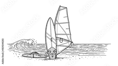 Black and white line art of windsurfing on a wave-battered beach
